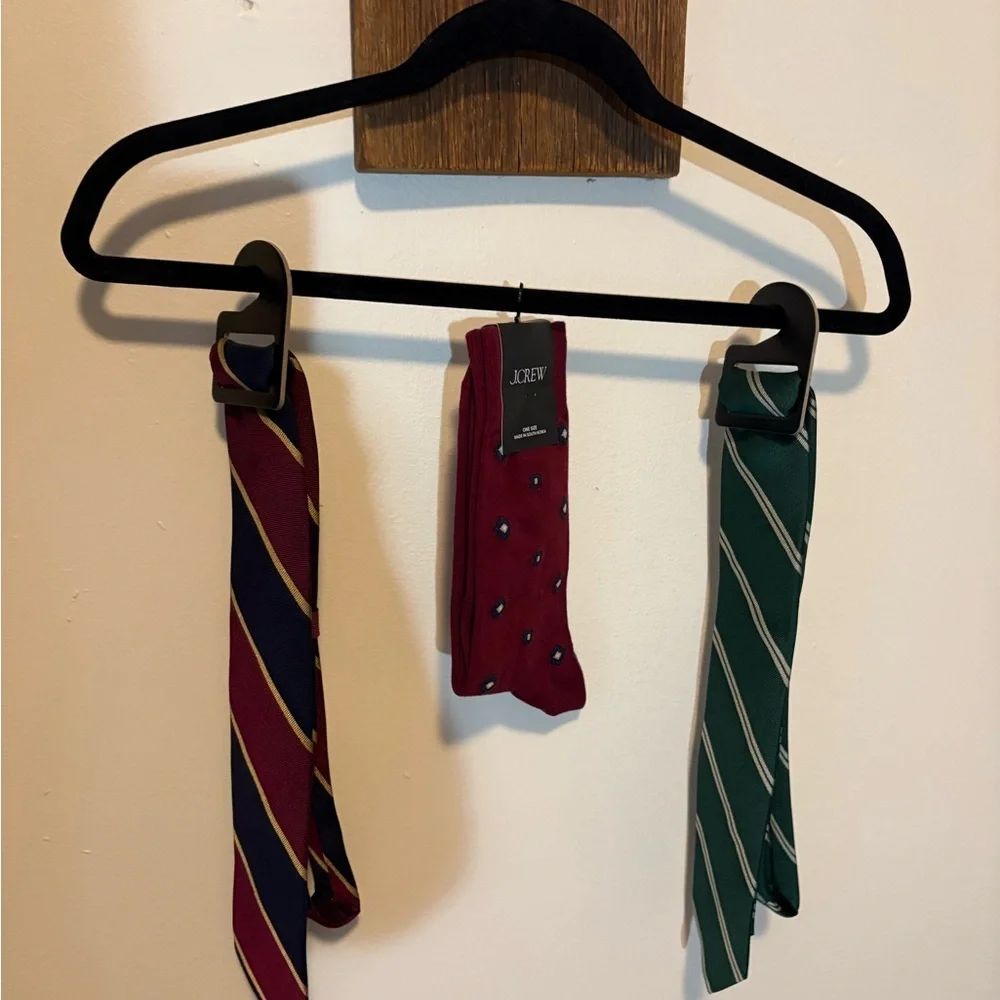 J. Crew Green and White Striped Tie, Burgundy/Navy/Hold Striped Tie, and socks
